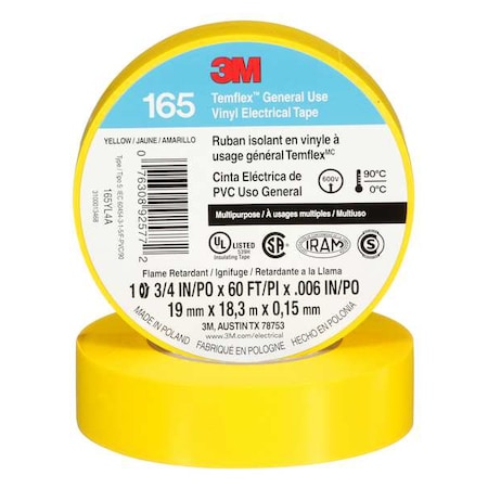 Electrical Tape, Vinyl, Yellow, 20 yd L, 3/4 in W MPN:165YL4A