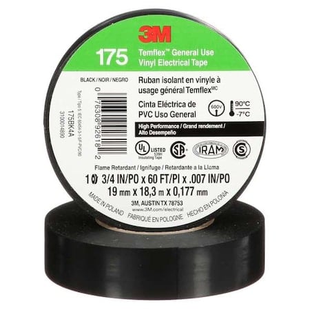 Electrical Tape, Vinyl, Black, 20 yd L, 3/4 in W MPN:175BK4A