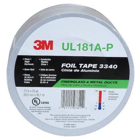 Foil Tape, Aluminum, Silver, 50 yd L, 2-1/2 in W MPN:3340