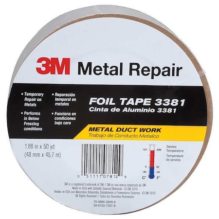 Foil Tape, Aluminum, Silver, 50 yd L, 2-3/4 in W MPN:3381