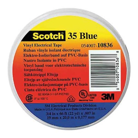 ElectricalTape, Blu, 6-5/8ydL, 1/2inW, PK100 MPN:35-BLUE-1/2X20FT