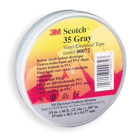 Vinyl Electrical Tape, 35, Scotch, 3/4 in W x 66 ft L, 7 mil thick, Gray MPN:35-GRAY-3/4