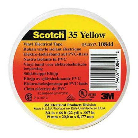 ElectricalTape, Ylw, 6-5/8ydL, 1/2inW, PK100 MPN:35-YELLOW-1/2X20FT
