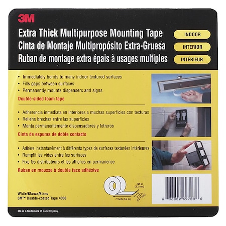 Double-Sided Foam Tape, 3/4 in W, 7 yd L, 1/8 in, Polyurethane Foam, Double-Sided MPN:4008