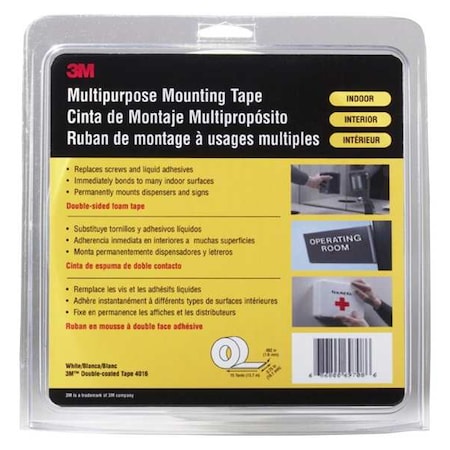 Double-Sided Foam Tape, 3/4 in W, 15 yd L, 1/16 in, Polyurethane Foam, Double-Sided MPN:4016