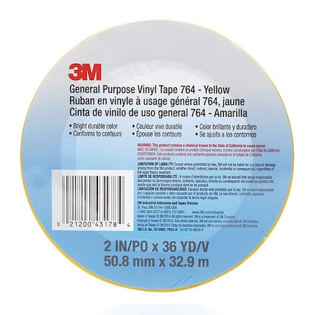 Floor Tape, Yellow, 2 inx108 ft, Roll MPN:764