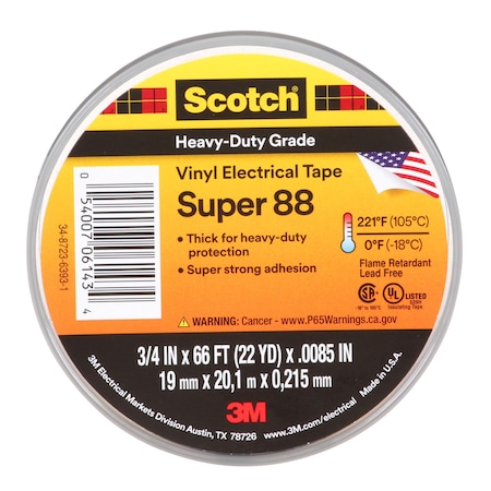 Vinyl Electrical Tape, Super 88, Scotch, 3/4 in L x 66 ft L, 8.5 mil thick, Black MPN:88-Super-3/4x66FT