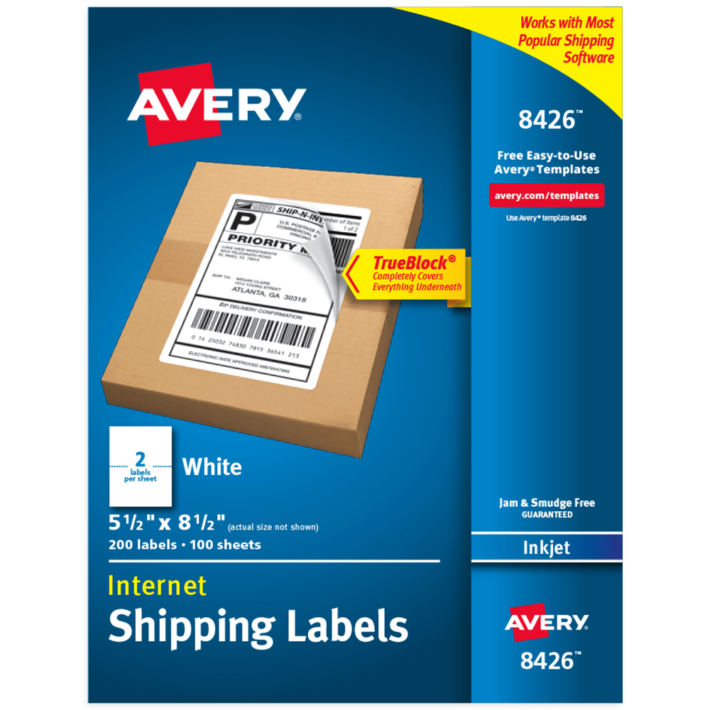 Avery Printable Blank Shipping Labels, 8426, Rectangle, 5-1/2in x 8-1/2in, White, Pack Of 200 Labels MPN:08426