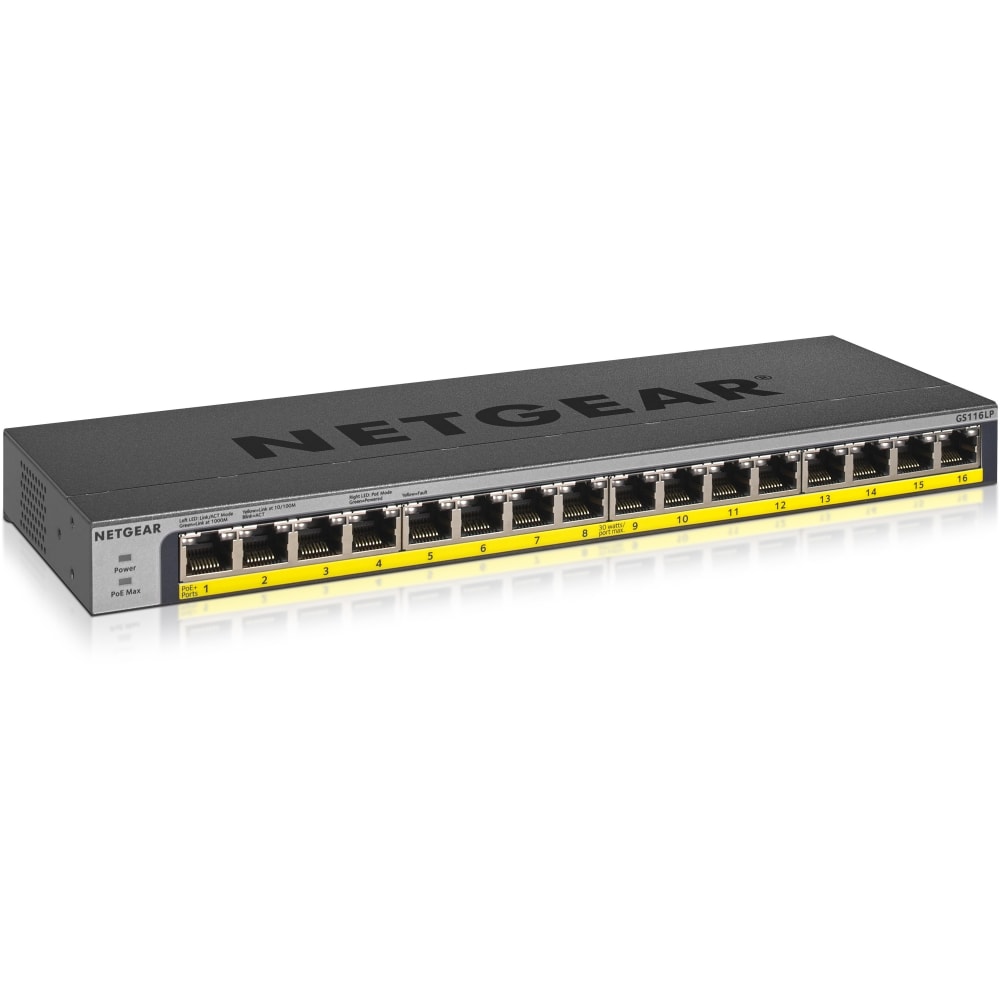 Netgear 16-Port 76W PoE/PoE+ Gigabit Ethernet Unmanaged Switch - 16 Ports - 2 Layer Supported - Twisted Pair - GS116LP100NAS MPN:GS116LP-100NAS