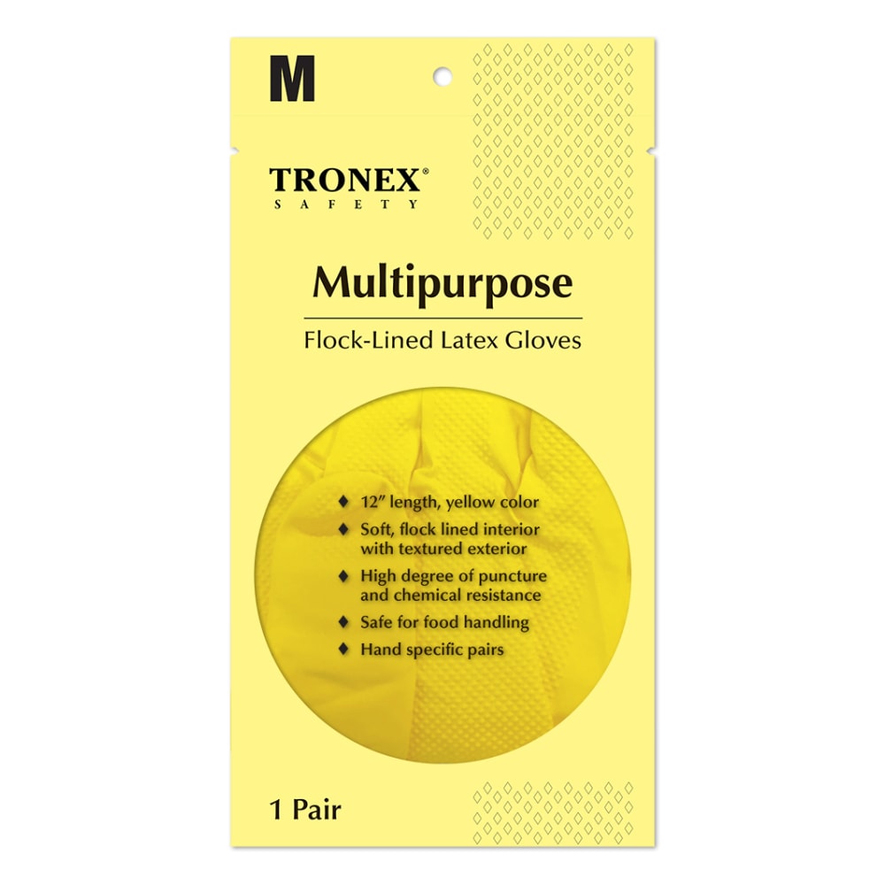 Tronex Flock-Lined Rubber Latex Multipurpose Gloves, Medium, Yellow, Pack Of 24 (Min Order Qty 7) MPN:1908-20BX