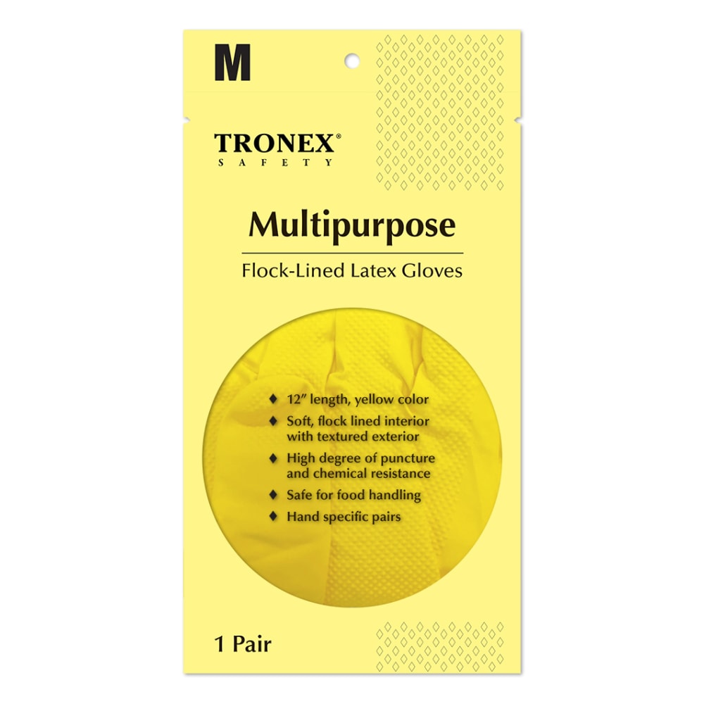 Tronex Flock-Lined Rubber Latex Multipurpose Gloves, Medium, Yellow, Pack Of 24 MPN:1908-20EA