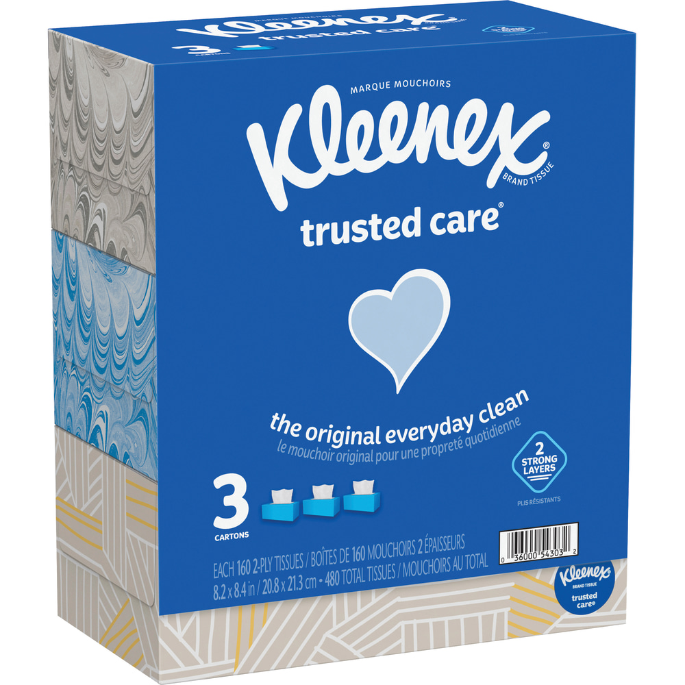 Kleenex Trusted Care 2-Ply Tissues, 8-7/16in x 8-1/2in, White, 160 Tissues Per Box, Pack Of 3 Boxes (Min Order Qty 6) MPN:KCC54303