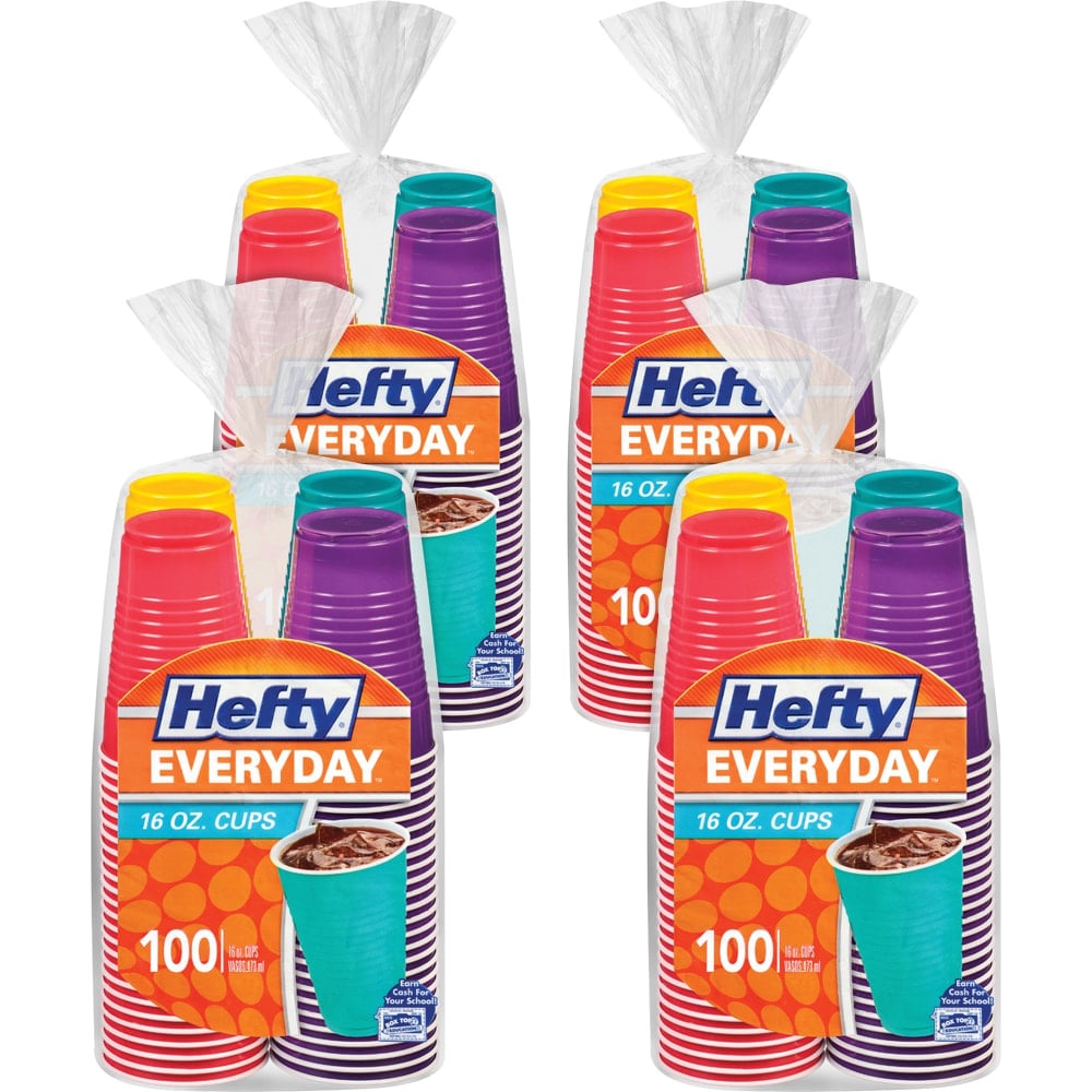 Hefty Everyday 16 oz Disposable Party Cups - 16 fl oz - Yellow, Purple, Red, Teal, Assorted Bright - Plastic - Cold Drink, Party - 100 Pack - 4/Carton MPN:C21637CT