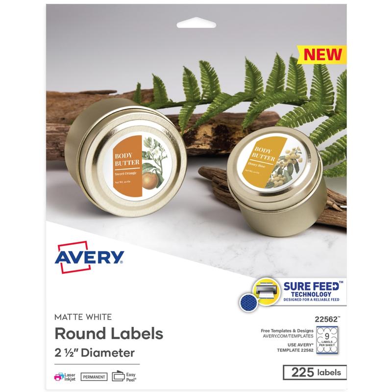 Avery Printable Labels With Sure Feed, 22562, Round, 2.5in Diameter, Matte White, 225 Customizable Labels MPN:22562