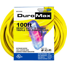 DuroMax Heavy Duty Triple Tap Extension Power Cord SJTW 10 Gauge 15A 120V 100'L Yellow XPC10100C