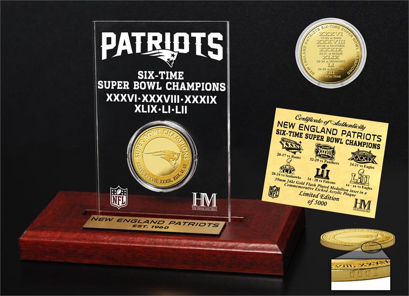 New England Patriots 6-time Super Bowl Champions Gold Coin Etched Acrylic MPN:NEPSB6ACRK
