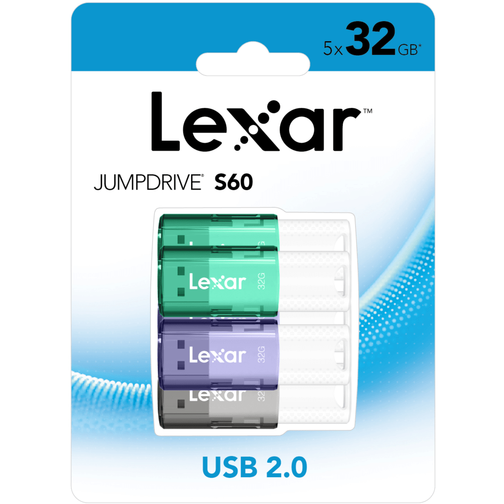 Lexar JumpDrive S60 USB 2.0 Flash Drives, 32GB, Assorted, Set Of 5 Drives (Min Order Qty 2) MPN:LJDS060032G-B5NNU