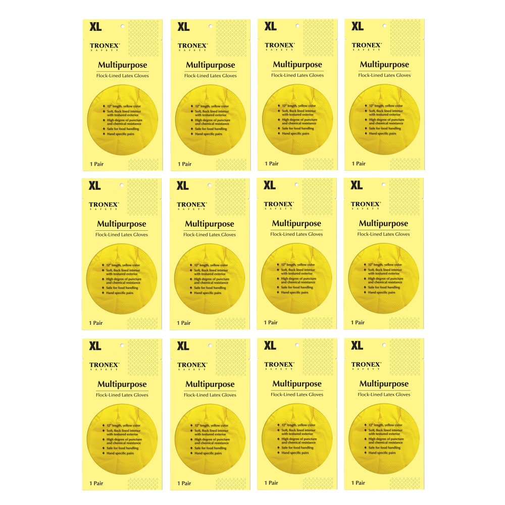 Tronex Multipurpose Flock-Lined Latex Gloves, X-Large, Yellow, 24 Per Pack, Case Of 12 Packs MPN:1908-35