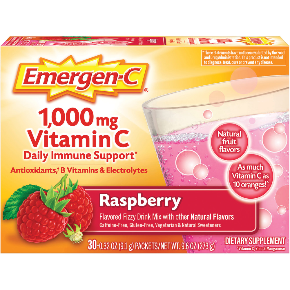 Emergen-C Vitamin C Drink Mix For Immune Support, 0.32 Oz, Raspberry, Box Of 30 Packs MPN:GKC30201