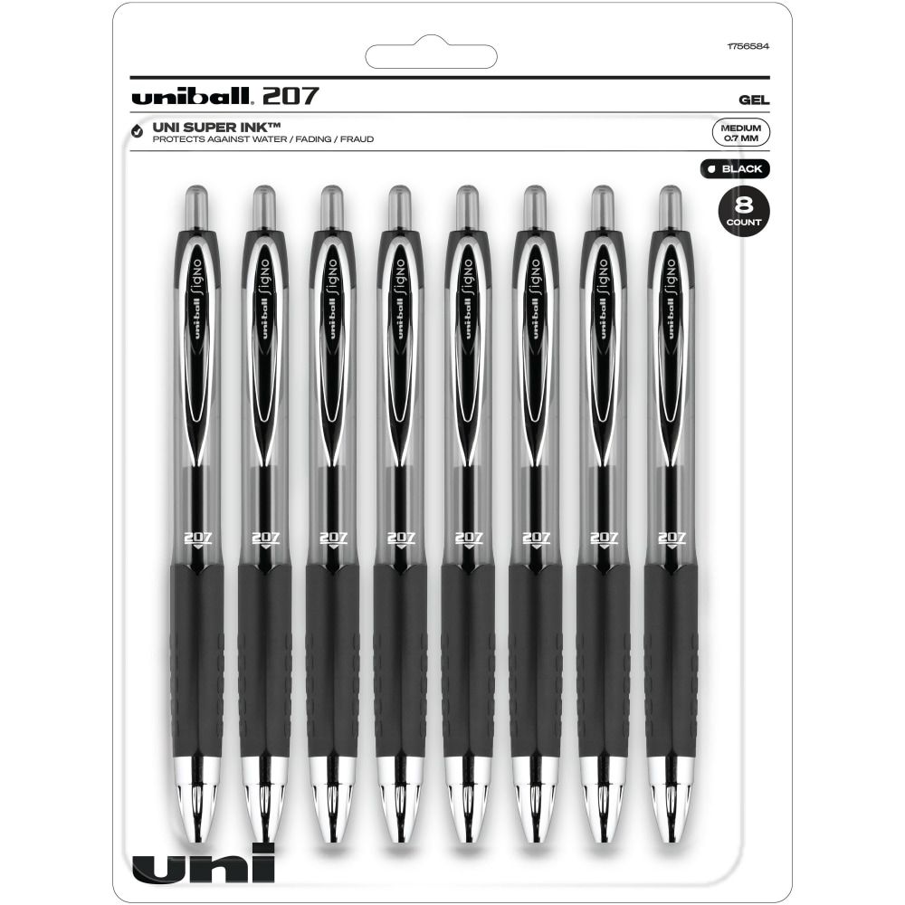 Uni-Ball 207 Gel Pens, Pack Of 8, Medium Point, 0.7 mm, Translucent Black Barrel, Black Ink MPN:1756584