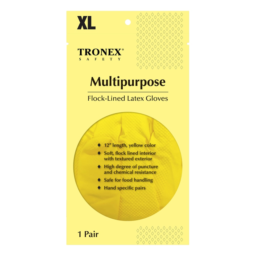 Tronex Flock-Lined Rubber Latex Multipurpose Gloves, X-Large, Yellow, One Pair (Min Order Qty 5) MPN:1908-35BX