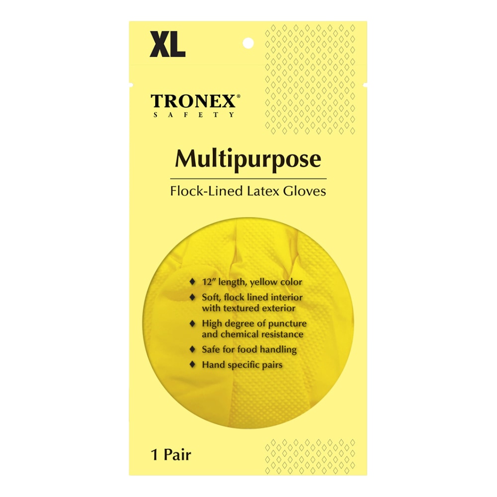 Tronex Flock-Lined Rubber Latex Multipurpose Gloves, X-Large, Yellow, One Pair MPN:1908-35EA