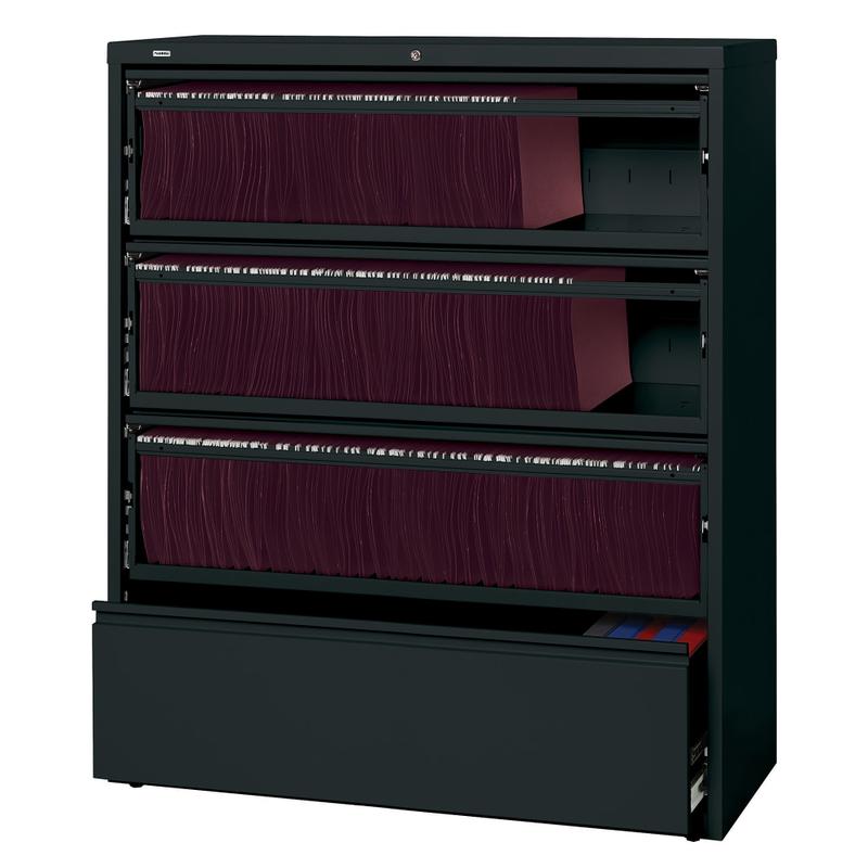 Lorell Fortress 42inW Lateral 4-Drawer File Cabinet With Roll-Out Shelves, Metal, Black MPN:43515