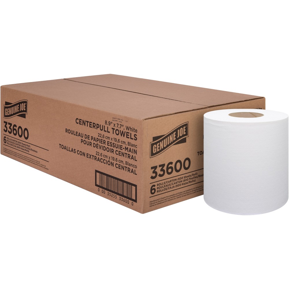 Genuine Joe Centerpull Towel Rolls - 600 Sheets/Roll - White - Virgin Fiber - 6 / Carton (Min Order Qty 2) MPN:33600