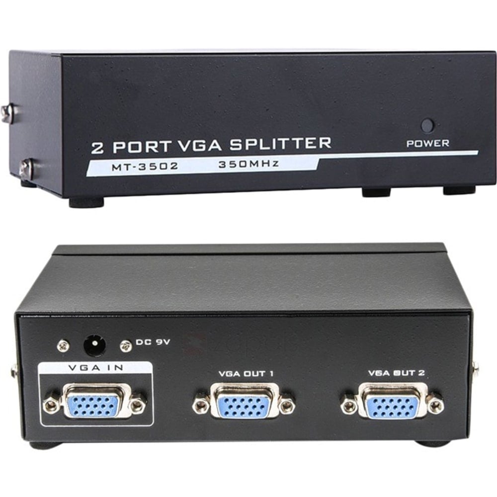 4XEM 2-Port VGA Splitter 350 MHz - 350 MHz to 350 MHz - 2048 x 1536 - 213 ft Maximum Operating Distance - VGA In - VGA Out - Silver Plated - Black MPN:4XVGASP3502
