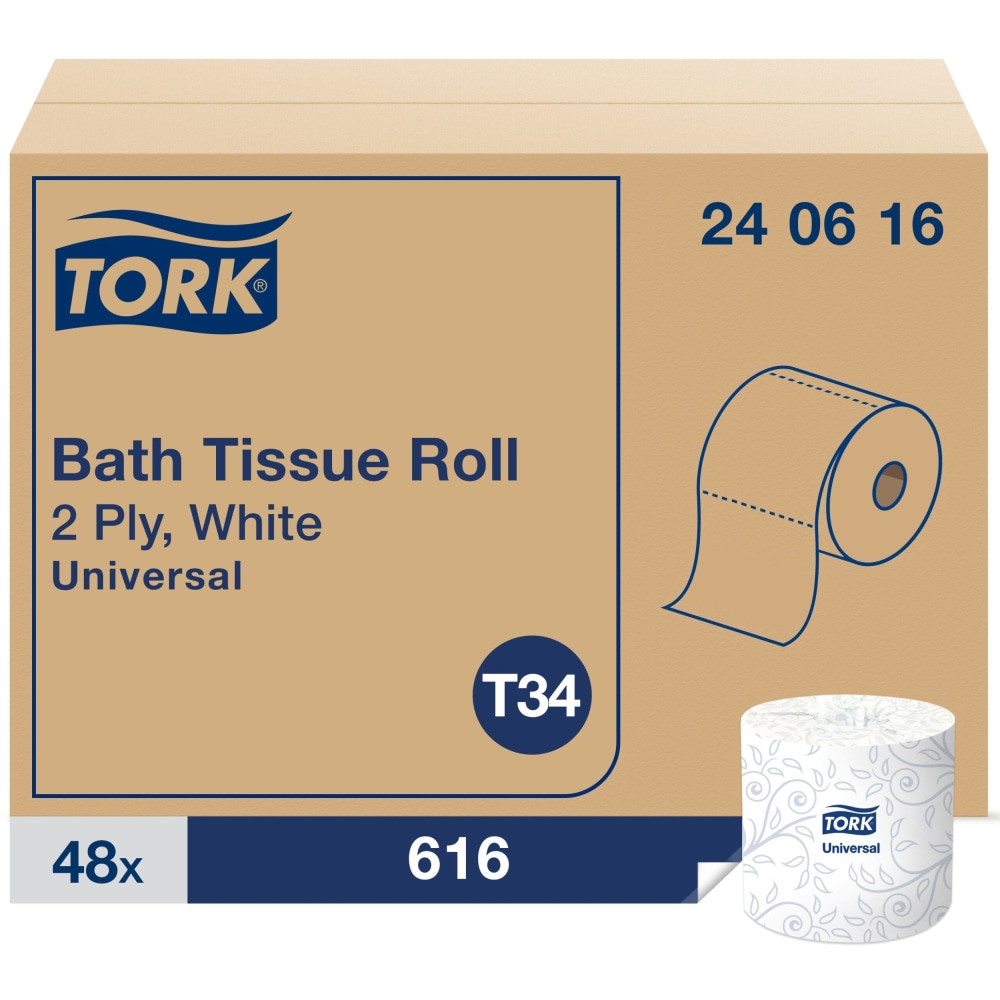 Tork Universal Bath Tissue Roll - 2 Ply - 3.75in x 205.33 ft - 616 Sheets/Roll - 5in Roll Diameter - White - Fiber - Embossed, Soft, Absorbent - For Bathroom, Plumbing - 616 / Roll MPN:TRK240616