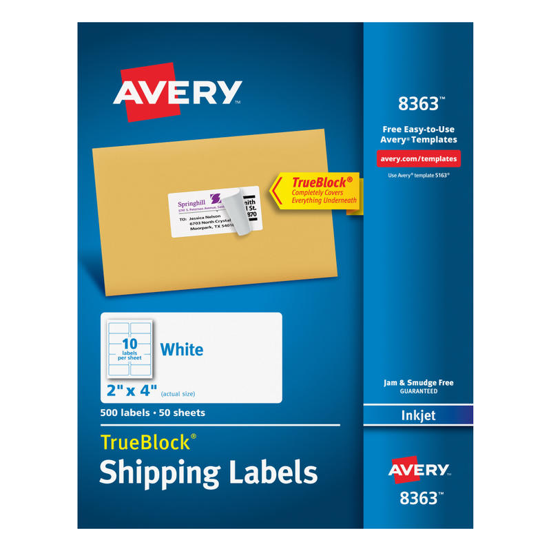 Avery TrueBlock Shipping Labels With Sure Feed Technology, 8363, Rectangle, 2in x 4in, White, Pack Of 500 MPN:8363