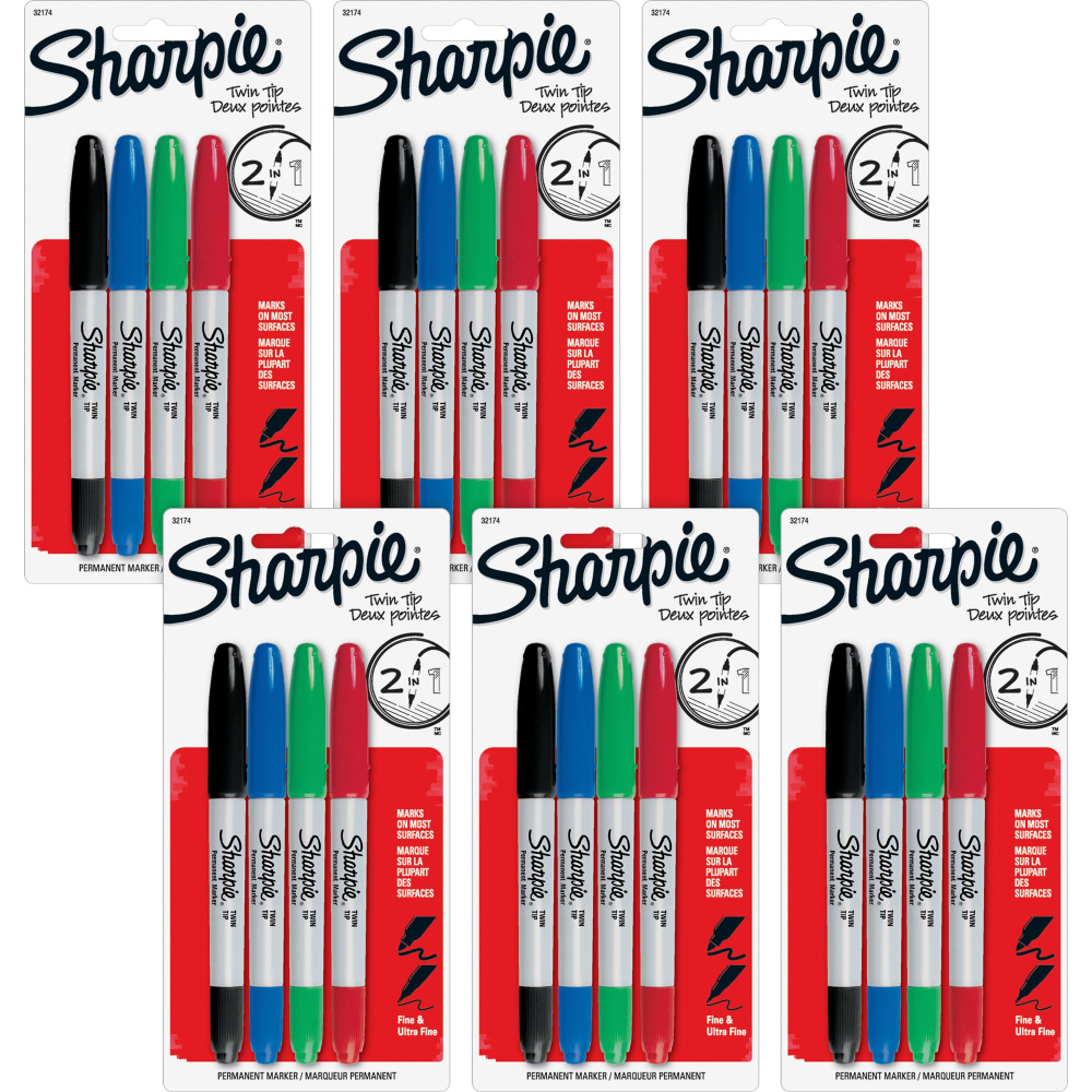 Sharpie Twin Tip Permanent Markers - Red, Green, Blue, Black Ink - Alcohol Based - 4/Set - 6 / Bag MPN:32174PPBG
