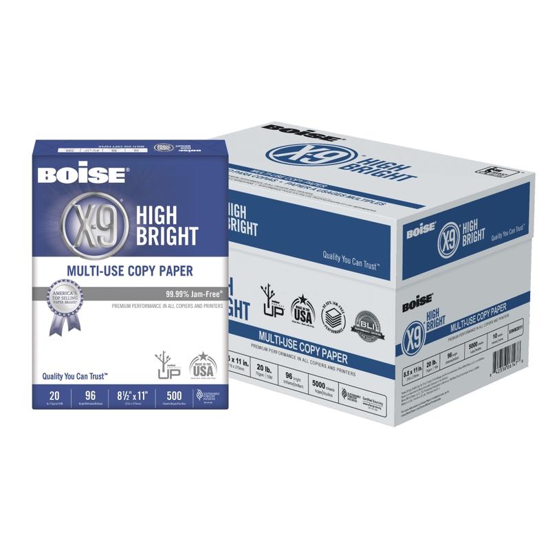 Boise X-9 High Bright Multi-Use Printer & Copy Paper, White, Letter (8.5in x 11in), 5000 Sheets Per Case, 20 Lb, 96 Brightness, Case Of 10 Reams (Min Order Qty 2) MPN:X9HB2011-CTN
