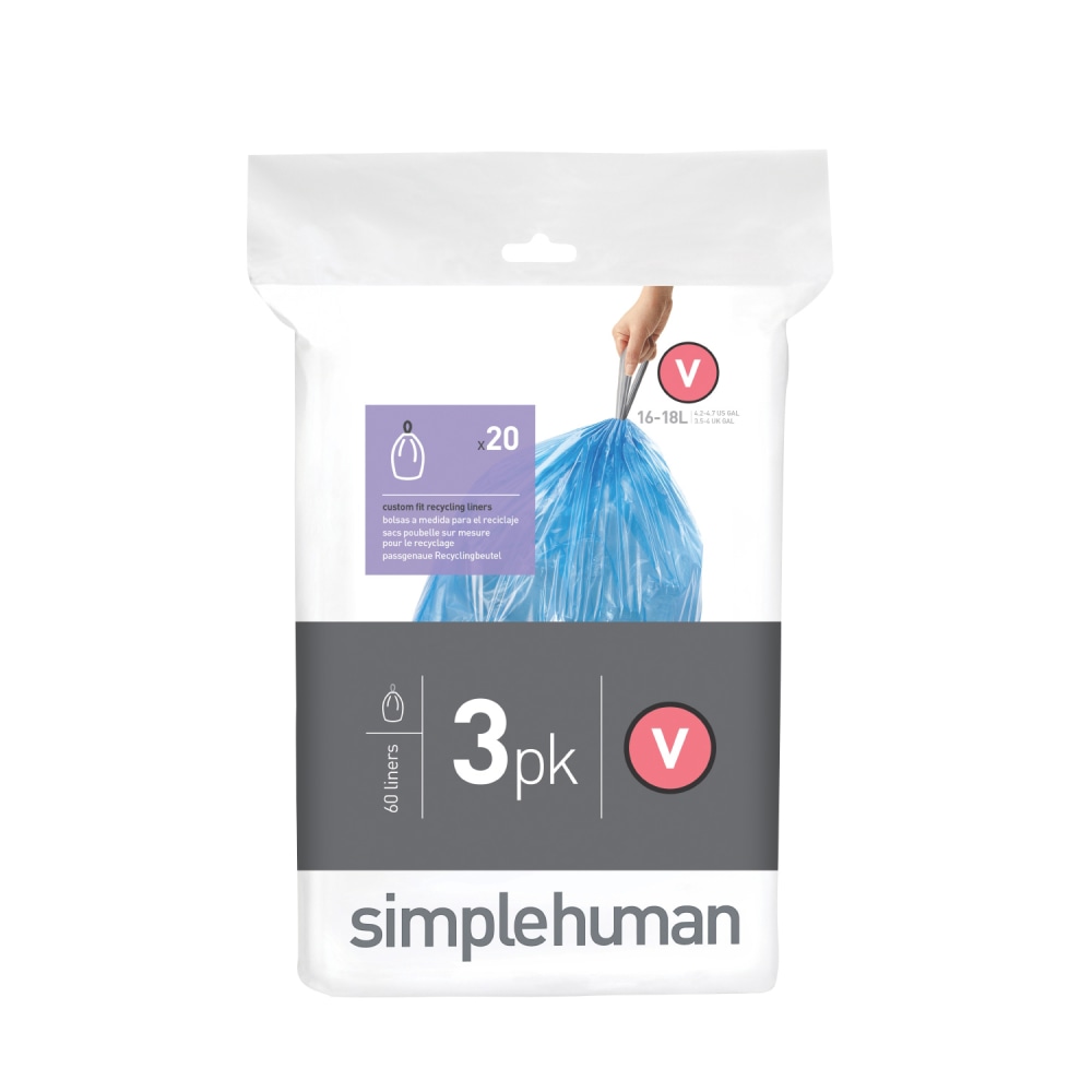 simplehuman Custom-Fit 0.3-mil Can Liners, 4.2 - 4.8 Gallons, Blue, Pack Of 240 MPN:CW0269