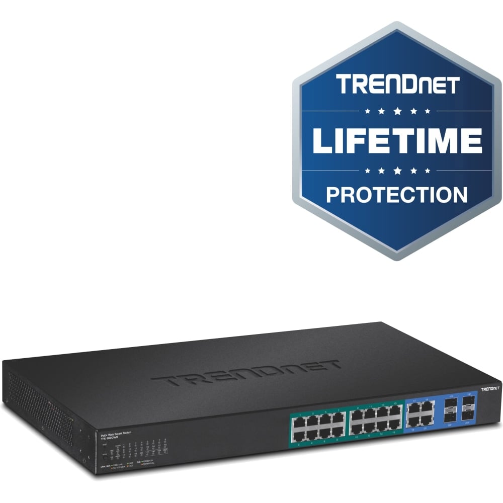 TRENDnet 20-Port Gigabit PoE+ Web Smart PoE+ Switch, 16 x Gigabit PoE+ Ports, Black, TPE-1620WS MPN:TPE-1620WS