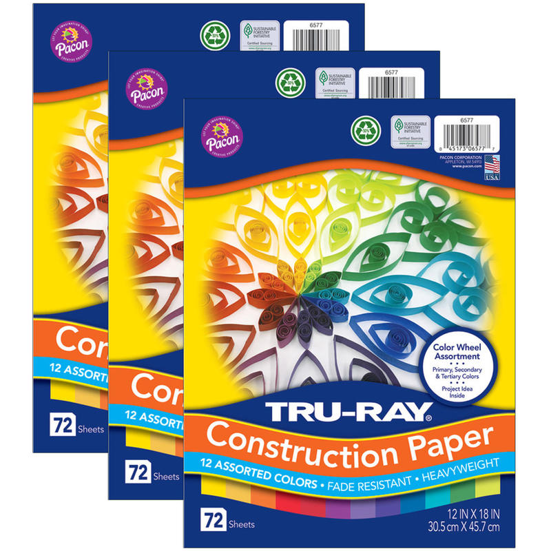 Tru-Ray Construction Paper, Heavyweight, 12in x 18in, Color Wheel Assortment, 12 Vibrant Colors, 72 Sheets Per Pack, Set Of 3 Packs MPN:PAC6577-3