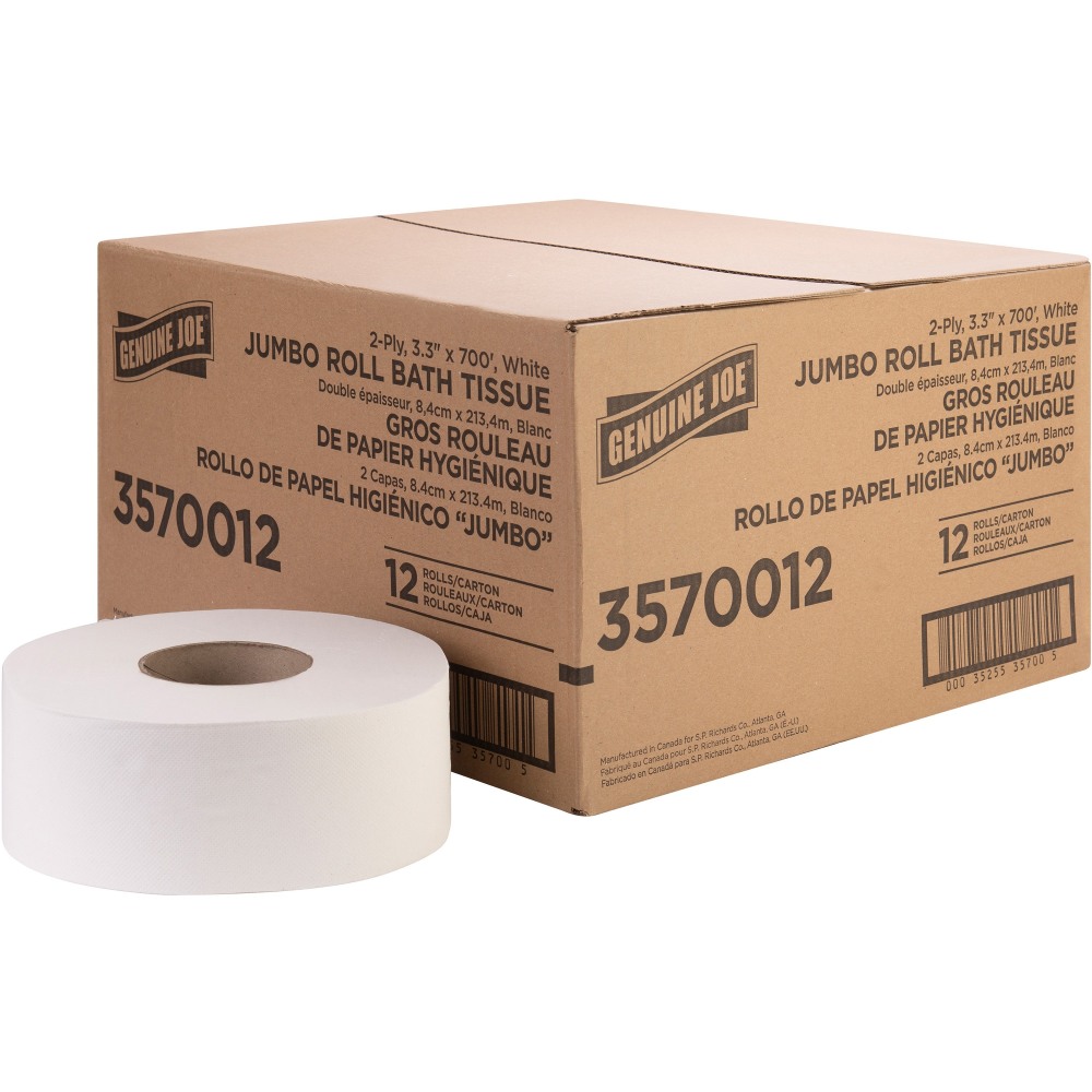Genuine Joe Jumbo Jr Dispenser Bath Tissue Roll - 2 Ply - 3.30in Width x 700 ft Length - 8.88in Roll Diameter - White - Fiber - 12 / Carton MPN:3570012