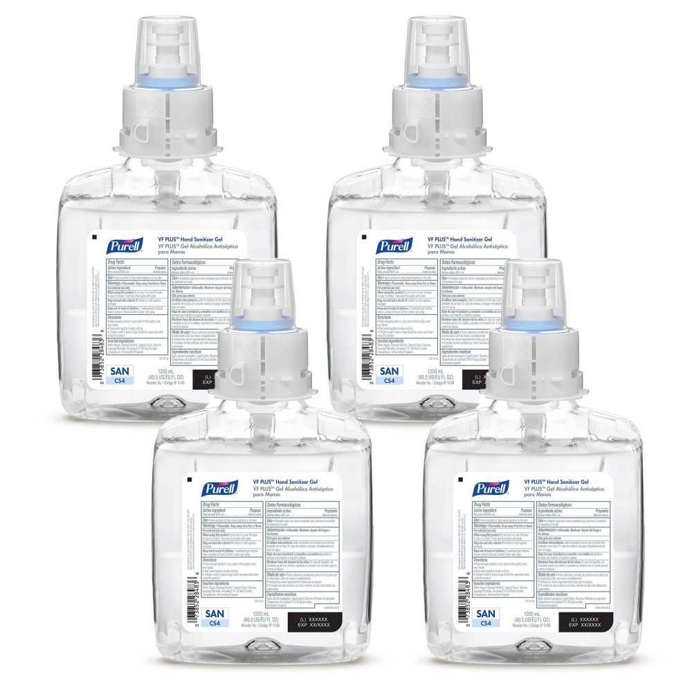 Purell VF PLUS Gel Hand Sanitizer Refills For CS4 Push-Style Hand Sanitizer Dispensers, Fragrance Free, 40.6 Oz, Case Of 4 Refills MPN:5199-04