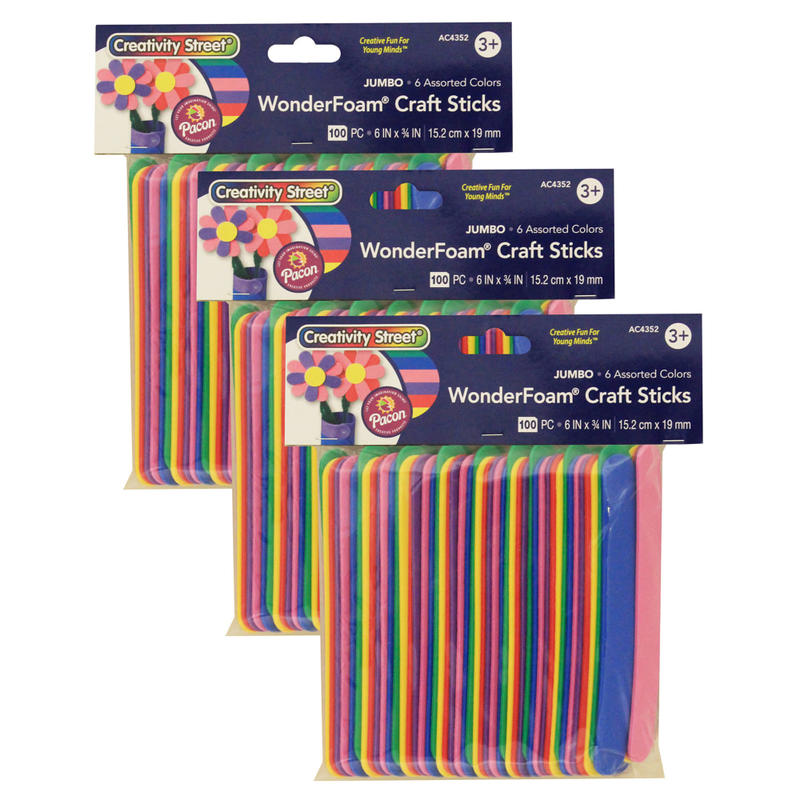 Pacon Creativity Street WonderFoam Jumbo Craft Sticks, 6in x 3/4in, Assorted Colors, 100 Sticks Per Pack, Set Of 3 Packs MPN:PACAC4352-3