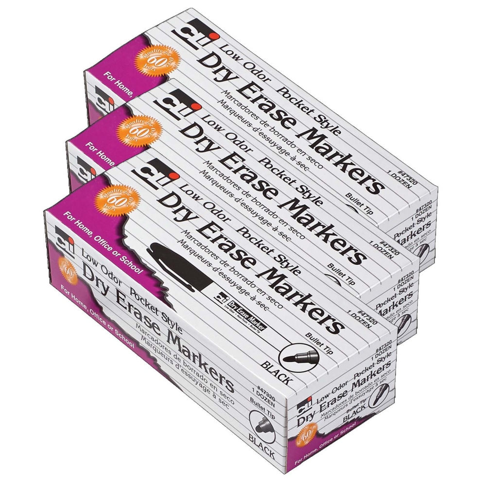 Charles Leonard Dry-Erase Markers, 12 Markers Per Box, Pack Of 3 Boxes, Bullet Tip, Black, 36 Markers MPN:CHL47320-3