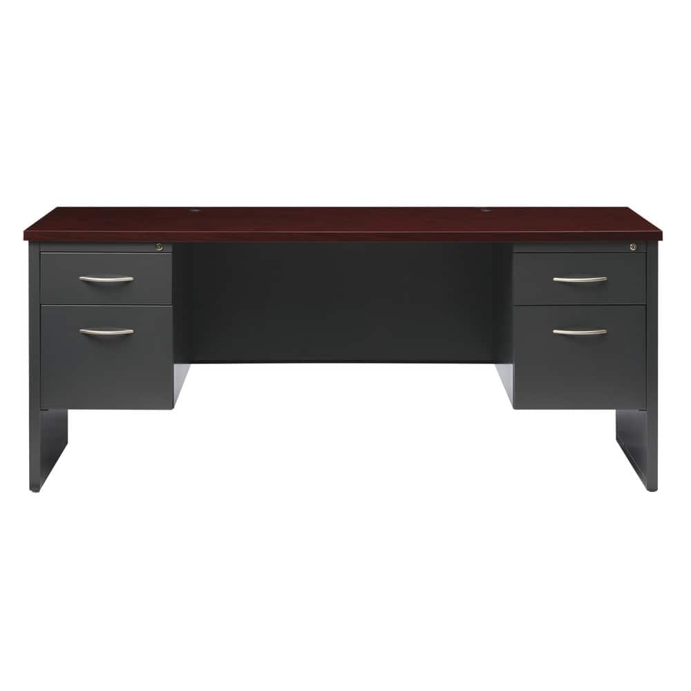 Steel Base Double Pedestal Desk: Woodgrain Laminate Top, Mahogany & Charcoal MPN:20550