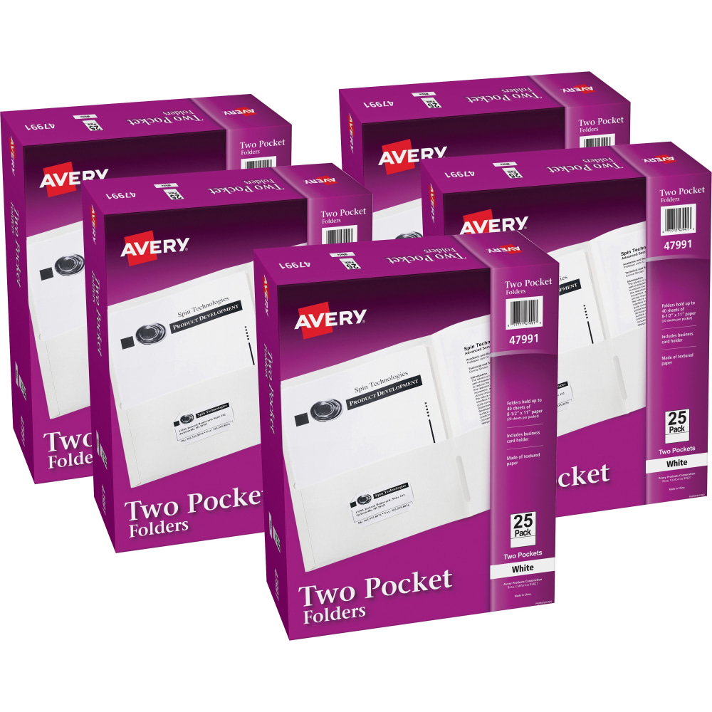 Avery Letter Pocket Folder - 8 1/2in x 11in - 40 Sheets Capacity - 2 Internal Pocket - Embossed Paper - White - Embossed - 25/Box - 5 / Carton MPN:47991CT