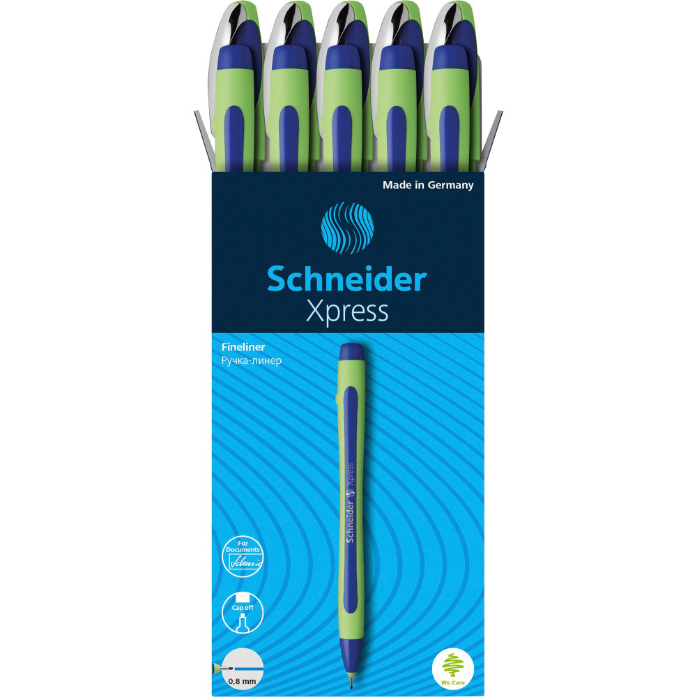 Rediform Schneider Xpress Premium Fineliner Pens, Fine Point, 0.8 mm, Blue/Green Barrel, Blue Ink, Pack Of 10 Pens MPN:RED190003