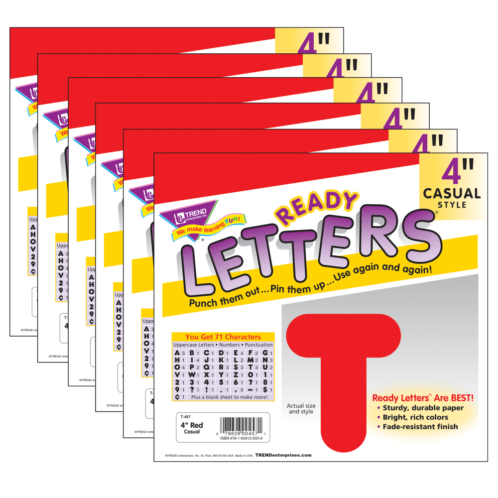 TREND Ready Letters, 4in, Casual Uppercase, Red, Set Of 6 Packs MPN:T-457-6