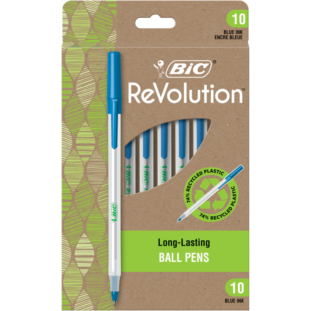 BIC ReVolution Round Stic Pens, Medium Point, 1.0 mm, 74% Recycled, Semi-Clear Barrel, Blue Ink, Pack Of 10 Pens MPN:GSME10-BLU