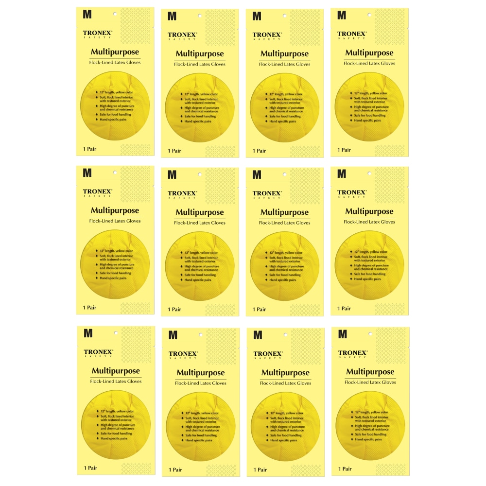 Tronex Multipurpose Flock-Lined Latex Gloves, Medium, Yellow, 24 Per Pack, Case Of 12 Packs MPN:1908-20