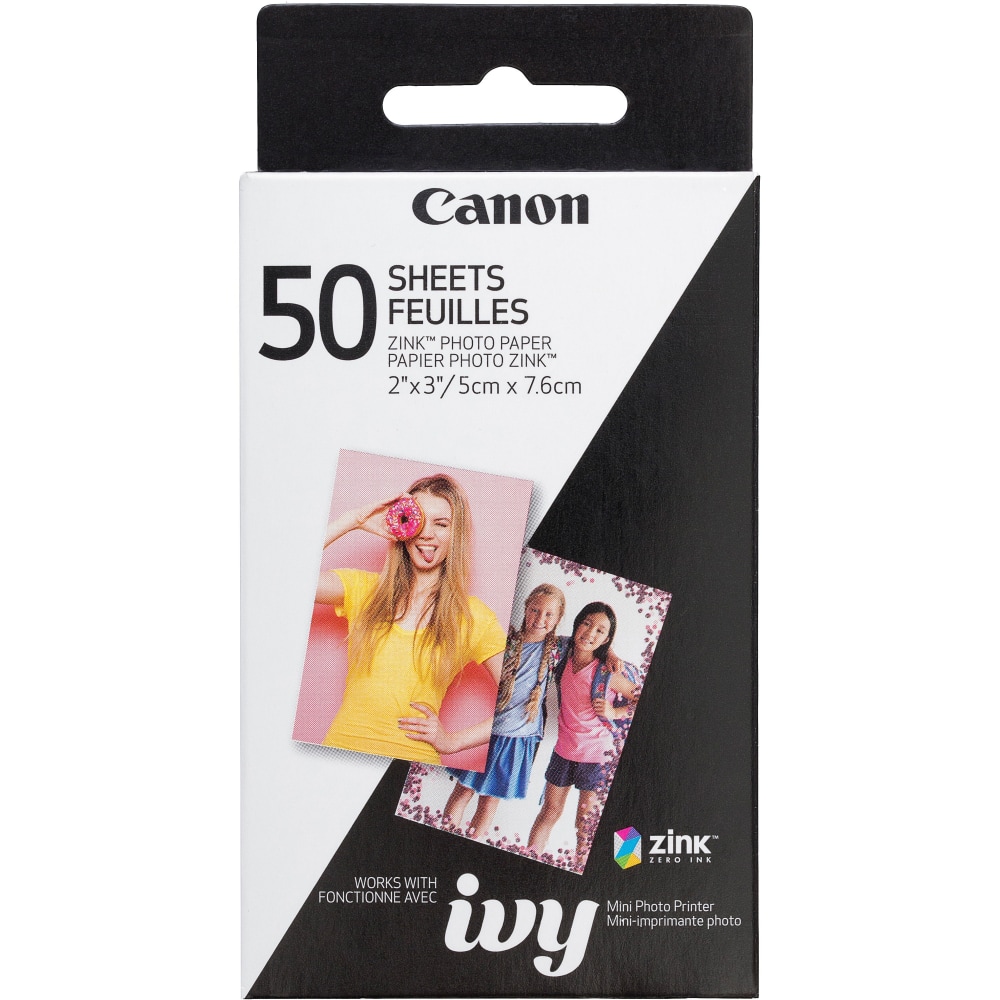 Canon ZINK Photo Paper - 2in x 3in - Glossy - 1 Each - 50 Sheets - Smudge-free, Water Resistant, Tear Resistant - White (Min Order Qty 2) MPN:ZINCPAPER50