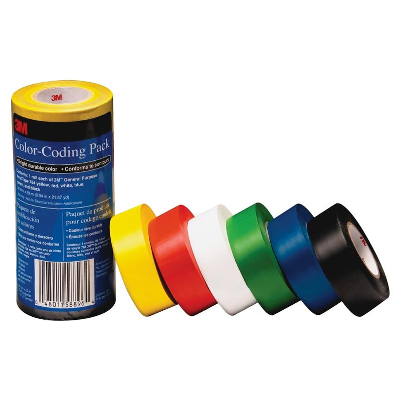 3M Vinyl Tape 764 Color-coding Pack - 21.87 yd Length x 0.94in Width - 5 mil Thickness - Rubber - 4 mil - Polyvinyl Chloride (PVC) Backing - 6 / Pack - Multicolor (Min Order Qty 4) MPN:7641226PK