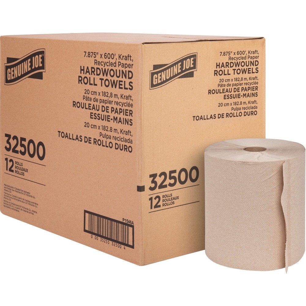 Genuine Joe Embossed Hardwound Roll Towels - 7.88in x 600 ft - 2in Core - Brown - 12 / Carton (Min Order Qty 2) MPN:32500