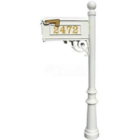 Lewiston Mailbox Post (Fluted Base & Ball Finial) with Vinyl Numbers Support Brace White LMCV-804-WHT